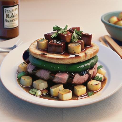 Steak with quick sauce bordelaise and boulangere potatoes