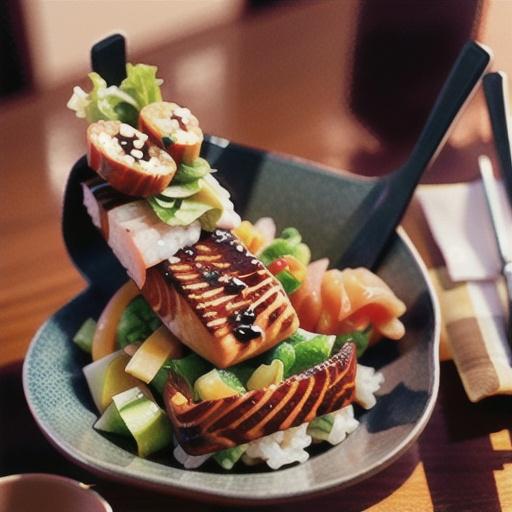 Teriyaki salmon on crisp cabbage salad with sushi rice