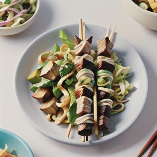 Japanese-style lamb skewers with crunchy noodle slaw