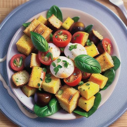Fried Polenta Panzanella with Tomato, Basil, and Burrata