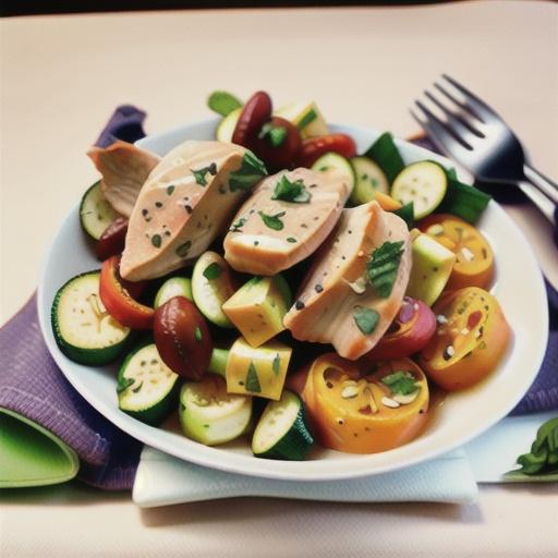 Oregano and lemon chicken with zucchini and sweet potato salad