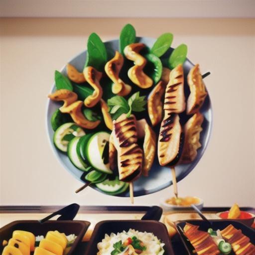 Caramelised chicken skewers with herb salad