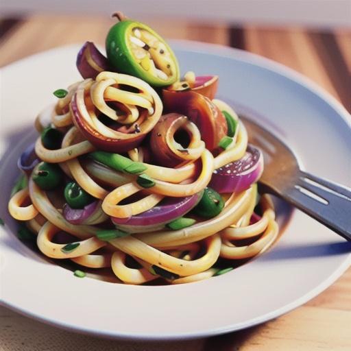 Thick spaghetti with roasted red onions and olives