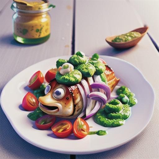 Baked fish with roast onion and tomato