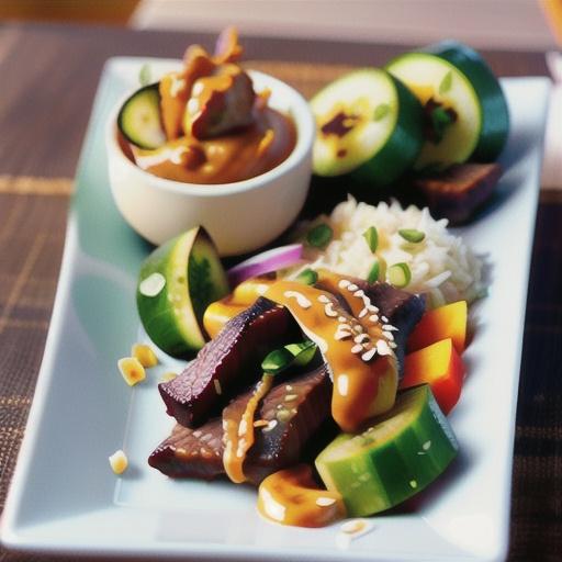 Satay beef with sesame rice & cucumber salad
