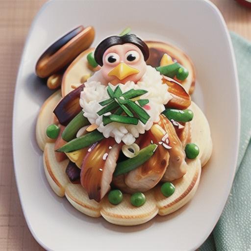 Chicken stir-fry on Japanese rice pancakes