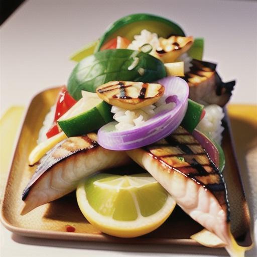 Barbecued fish with Thai dressing and coconut rice