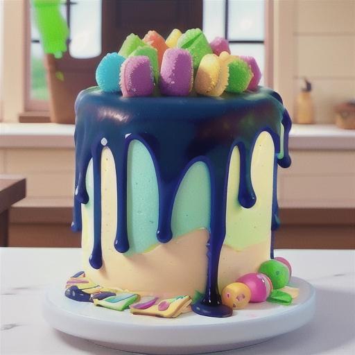 Blue layered sponge with ganache drizzle