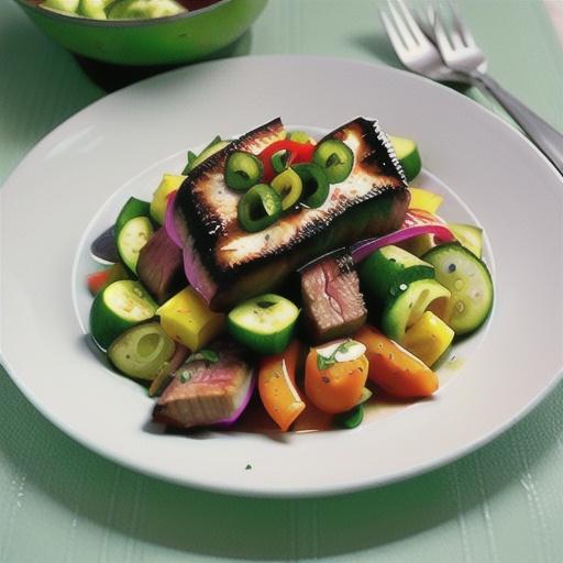 Satay beef steak with cucumber salad