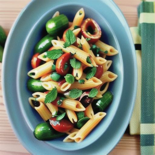 Penne with zucchini, peas and mint