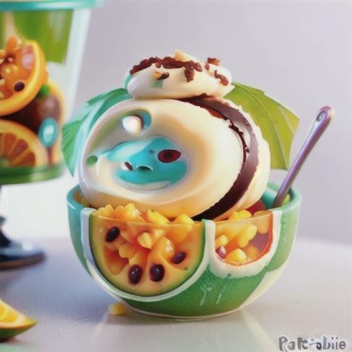 Low-fat coconut ice-cream with passionfruit and melon salad