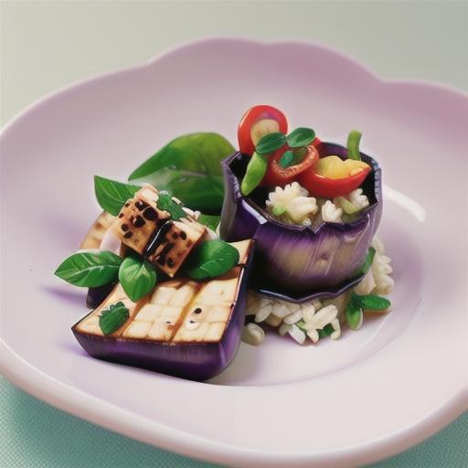 Steamed eggplant and tofu on brown rice