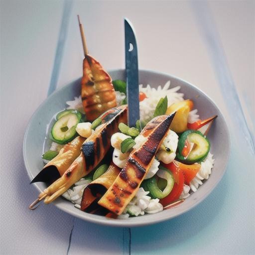 Tikka swordfish skewers with feta rice