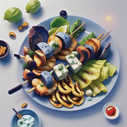 Seafood skewers with grilled lettuce and blue cheese dressing