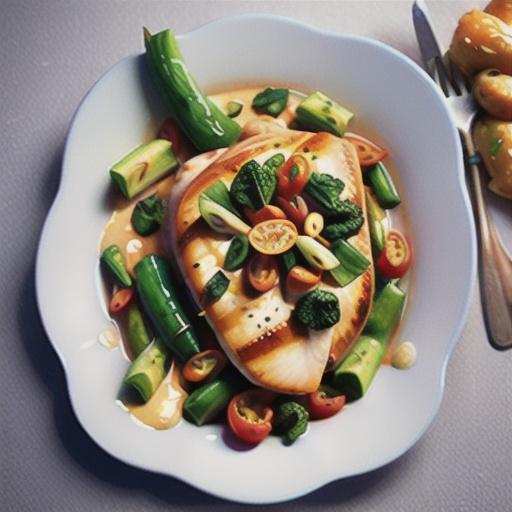 Seared chicken breast with semi-dried tomato cream and spring vegies