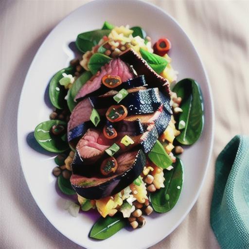 Smoky chilli beef with warm lentil and silverbeet salad