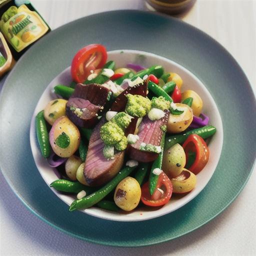 Beef salad with pesto potatoes