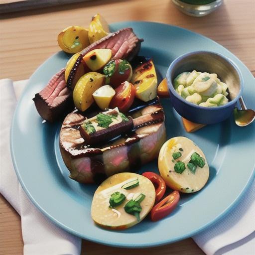 Barbecued steaks with anchovy butter and potato salad