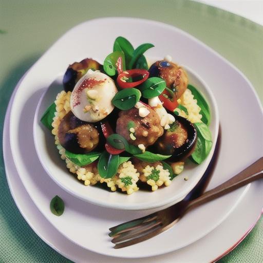 Spicy meatballs with mushrooms, spinach and couscous