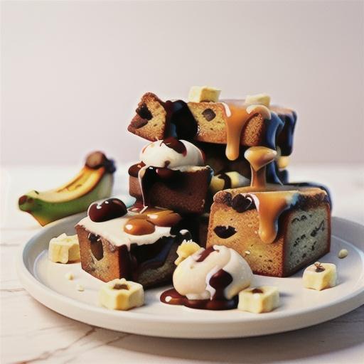 Banana bread and caramel ice-cream stack