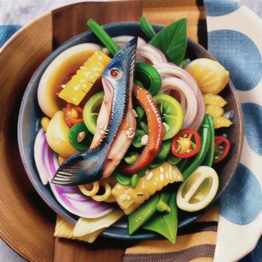 Warm fish and noodle salad