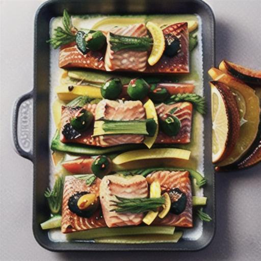 Roasted salmon with fennel, citrus and olives