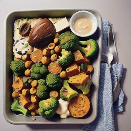 Vegetarian lentil and broccoli tray bake with creamy tahini dressing