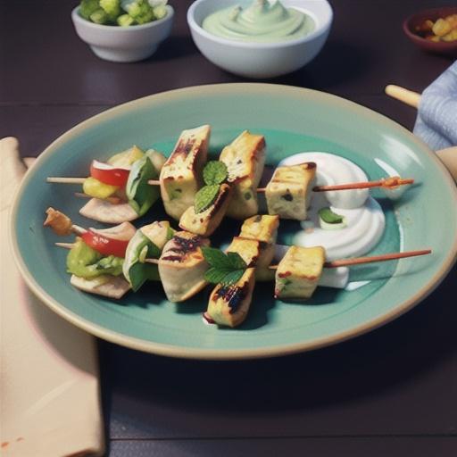 Chicken tikka skewers with mint raita