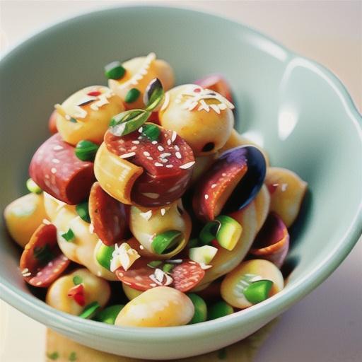 Gnocchi with tomato, salami and green olives
