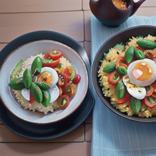 Spiced veggie rice with poached eggs