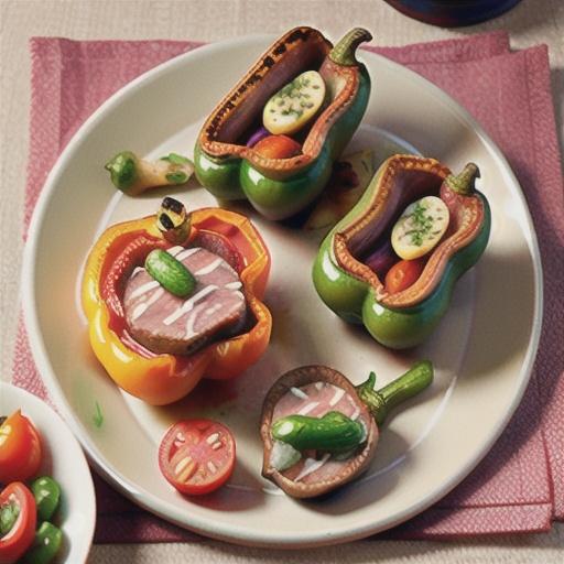 Lamb with fetta and olive stuffed peppers