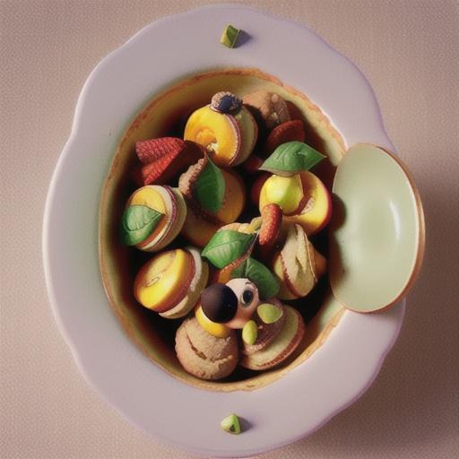 Baked perfumed peaches with pistachio biscuits