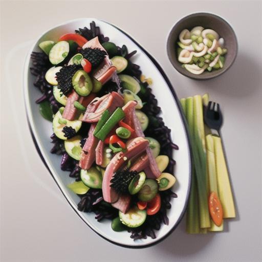 Barbecue duck salad with pickled vegetable salad and black rice