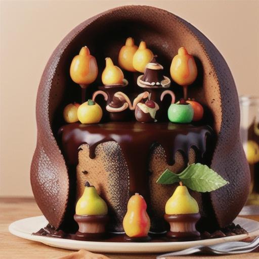 Fireball pears in chocolate cake