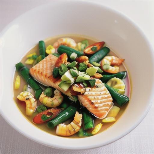 Salmon and prawns in spicy coconut broth