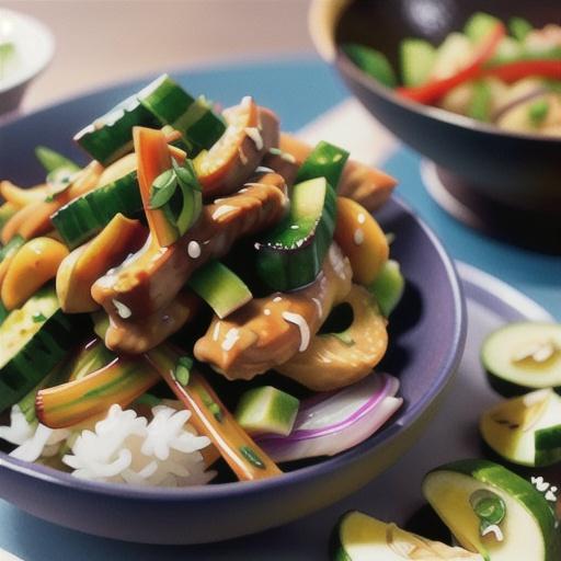 Sticky ginger chicken stir-fry with cucumber and ginger salad