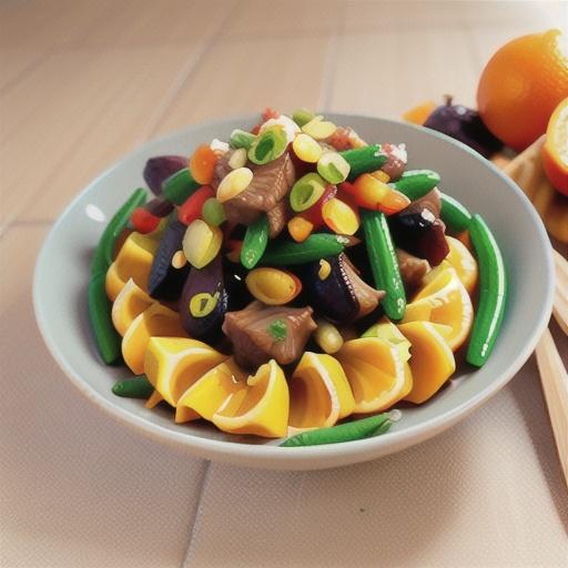 Beef with orange, prunes, cumin and green beans