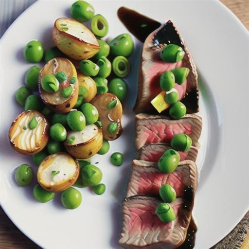 Steak with salsa verde, braised potatoes and peas