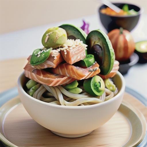 Soba noodles with avocado and salmon