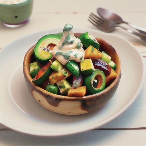 Curly Jo's roasted rustic roots with creamy garlic yoghurt drizzle & avocado sauce