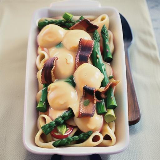 Creamy pasta bake with bacon and asparagus