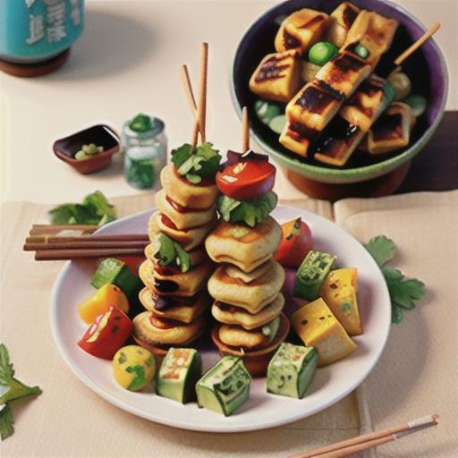 Five-spice chicken skewers with coriander pancakes