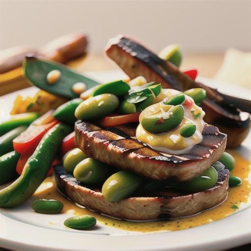 Barbecued steak with lime and garlic bean puree