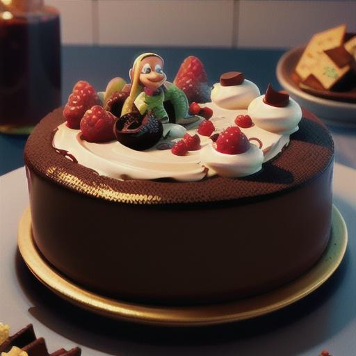 Drunken, sunken chocolate cake with spiced cookie creams and gilded raspberries