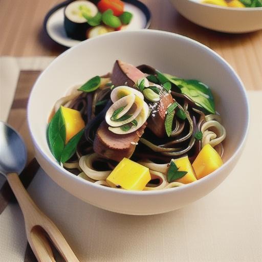 Duck breast with soba noodles and mango