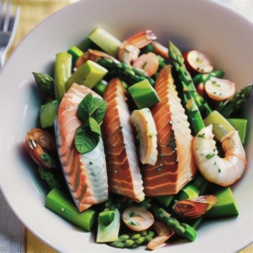 Asparagus, salmon, prawn and spinach salad