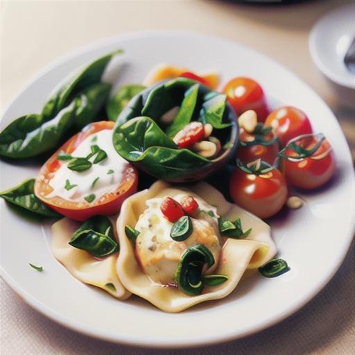 Goats' cheese ravioli with spinach and roast tomatoes