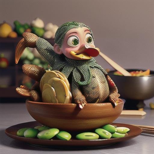 Crisp-skinned szechuan duck with lotus root and edamame stir-fry