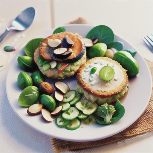 Salmon patties with baby broccoli, snow pea and almond salad
