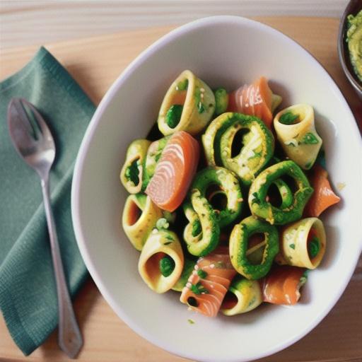 Avocado pesto pasta with hot-smoked salmon
